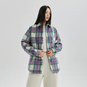 YKYB冬季紫色格纹毛呢棉衣潮摇粒绒拼接外套磨毛时尚保暖宽松棉服