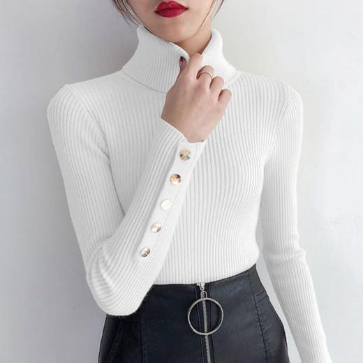 【2023上新长袖内搭打底衫】秋冬高领针织衫毛衣女套头 修身显瘦针织衫上衣 袖口纽扣设计 时尚显气质显身材 商品图0