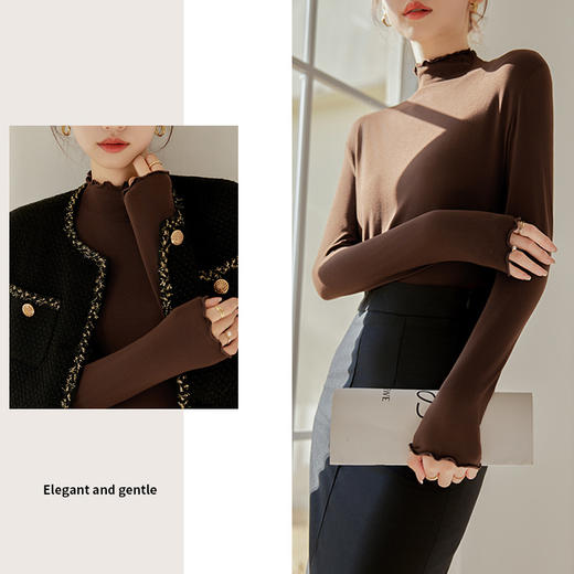 【修身显瘦❗️软糯不扎肤】秋冬新款亲肤贴身打底衫 木耳边打底衫女T桖秋冬新款椰油面膜衣内搭修身上衣长袖 商品图1