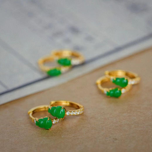 龢盒原创 18k金镶正阳绿翡翠小葫芦耳圈耳环 商品图1