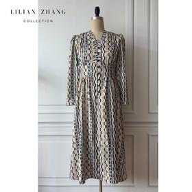 定制—法式风—几何立体图案印花春夏时尚长袖优雅连衣裙 2201099