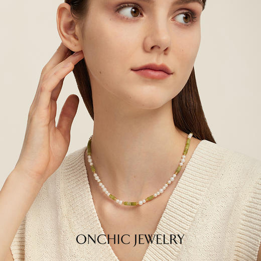 Onchic 柠檬玉串珠项链女天然玉石珍珠毛衣链小众设计感锁骨链 商品图4
