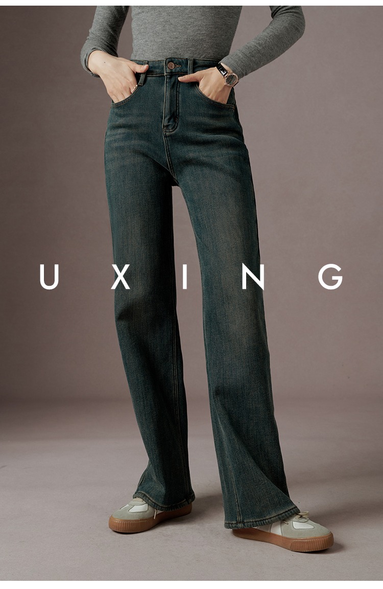 复古直筒窄版阔腿加绒牛仔裤女2023冬季新款高腰显瘦保暖裤子