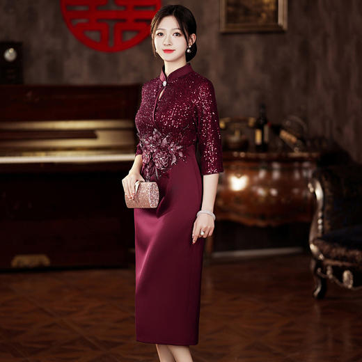 新中式改良旗袍婚宴敬酒服，七分袖喜妈妈婆婆结婚礼服连衣裙HH-9938 商品图1