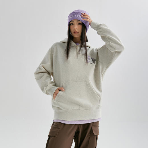 YKYB冬连帽卫衣加绒潮保暖领口拉链外套星星刺绣重磅落肩宽松帽衫 商品图2