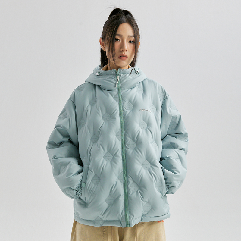 YKYB连帽羽绒服冬季新款潮牌上衣街头休闲黑桃压花夜光宽松外套