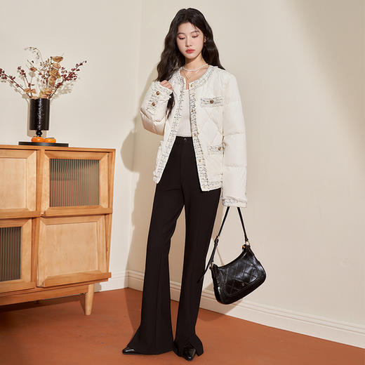 西遇轻薄圆领羽绒服女冬季新款拼接翻领白鸭绒小香风编织外套D2138047 商品图1