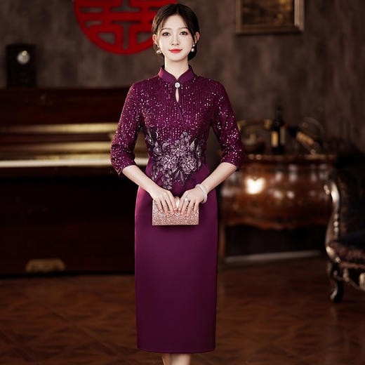 新中式改良旗袍婚宴敬酒服，七分袖喜妈妈婆婆结婚礼服连衣裙HH-9938 商品图2