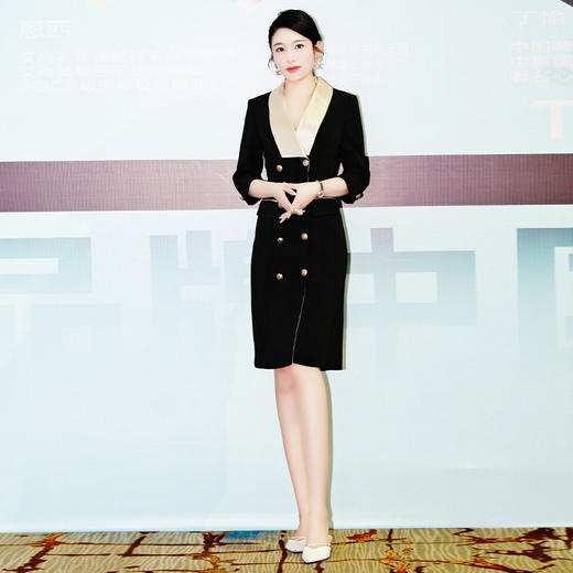 IWY/缎面领子黑色职业连衣裙七分袖高端主持人西装裙气质演讲比赛服装Q13194 商品图2
