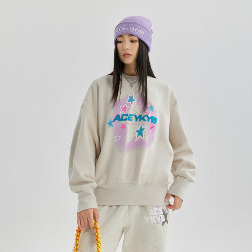 YKYB加绒圆领卫衣女潮牌星星立体刺绣上衣落肩保暖宽松长袖外套 商品图0