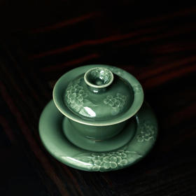 严少英無尽夏盖碗龙泉青瓷手工茶具梅子青釉茶碗三才