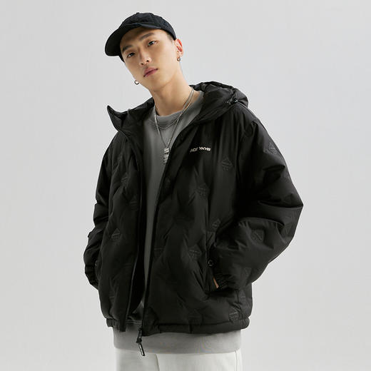 YKYB连帽羽绒服冬季新款潮牌上衣街头休闲黑桃压花夜光宽松外套 商品图1