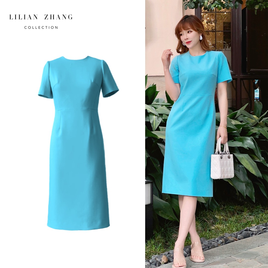 浪漫邂逅—法式风情—修身蓝色工作圆领显白收腰时尚连衣裙2301013