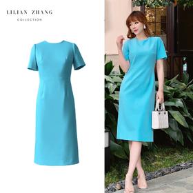 浪漫邂逅—法式风情—修身蓝色工作圆领显白收腰时尚连衣裙2301013