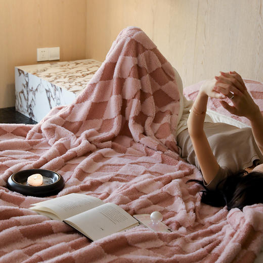 自然醒ins兔毛菱形格交织立体提花双层加厚可机洗毛毯沙发休闲膝盖毯双人卧室毯子MT 商品图2