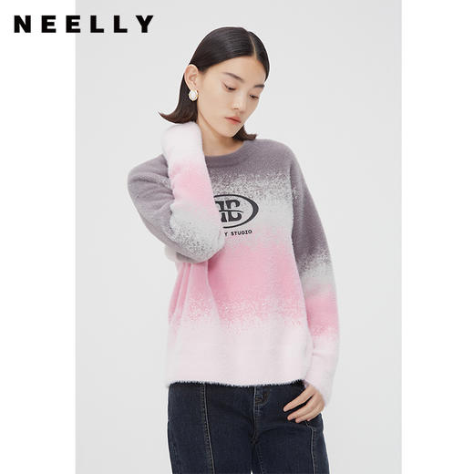 NEELLY纳俪商场同款春季美式复古渐变粉针织衫女长袖套头宽松上衣N24011A01006 商品图0