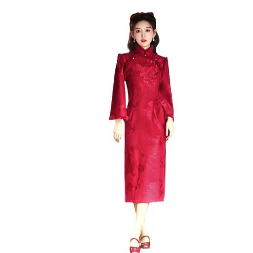 复合蕾丝红色倒大袖旗袍冬款改良新中式少女婚宴加绒旗袍GX319842 商品图4