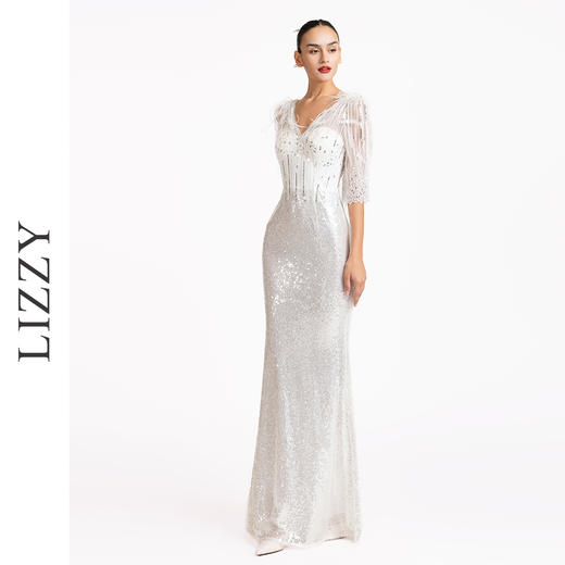 LIZZY优雅轻奢修身显瘦立体鸵鸟毛钉珠鱼尾派对礼服宴会婚庆长款连衣裙7190 商品图1