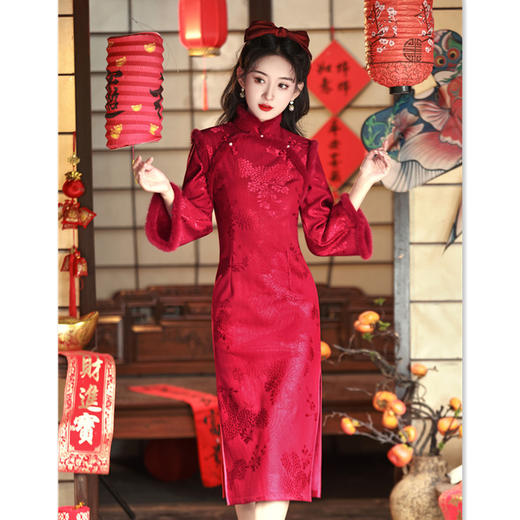 复合蕾丝红色倒大袖旗袍冬款改良新中式少女婚宴加绒旗袍GX319842 商品图0