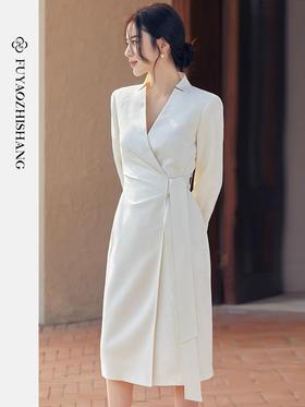 扶摇 新中式文艺风长袖连衣裙2023新款收腰系带纯色长裙子秋