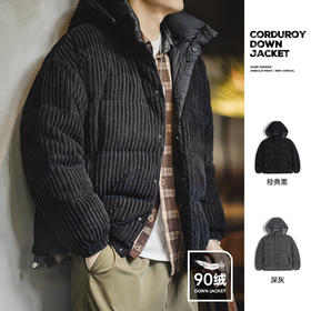 马登工装 美式灯芯绒羽绒服条绒连帽可拆卸立领保暖面包服男冬 黑