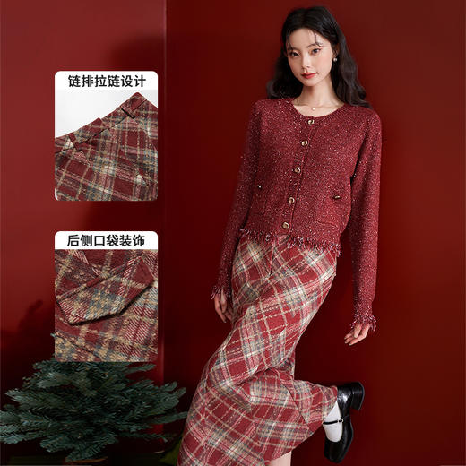 西遇英伦学院风红色格纹半身裙女新款高腰包臀复古鱼尾裙10240044 商品图2