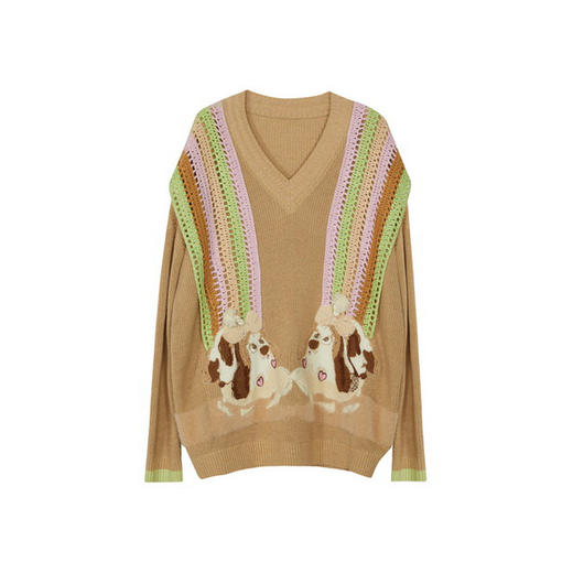 谜底V领套头针织衫女2024春季新款学院风宽松中长款毛衣241MZ0321 商品图4