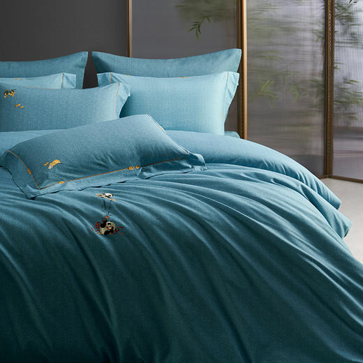 梦洁 长绒棉磨毛四件套   进宝（菘蓝） 商品图2