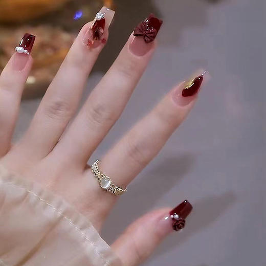 【穿戴式美甲！美甲贴】抖音爆款穿戴甲酒红乌梅子酱山茶花穿戴式指甲片成品美甲 商品图1