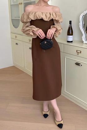 SIA SAYLOR 法式一字肩拼接设计连衣裙 17173