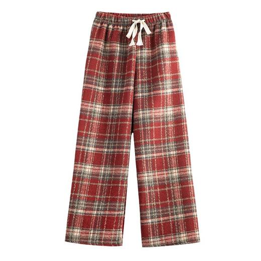 【复古毛呢格子裤】红色格子裤女秋冬高腰垂感外穿棉裤直筒休闲裤加绒阔腿裤 商品图4