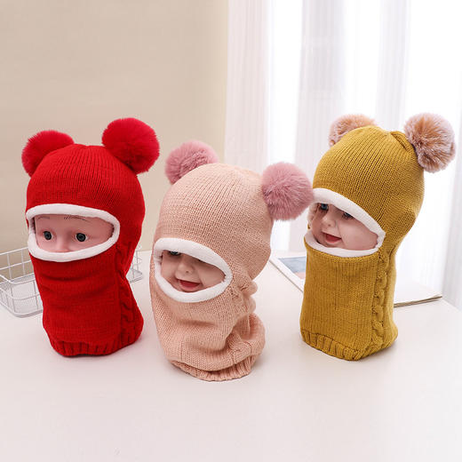 儿童双球毛线套头帽秋冬季男女童可爱护脸耳连体帽宝宝保暖风雪帽 商品图2