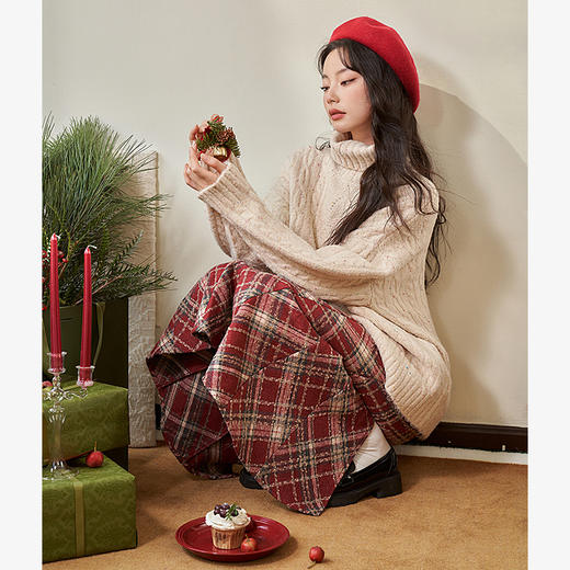 西遇英伦学院风红色格纹半身裙女新款高腰包臀复古鱼尾裙10240044 商品图3