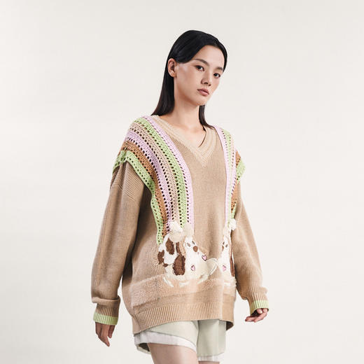 谜底V领套头针织衫女2024春季新款学院风宽松中长款毛衣241MZ0321 商品图3