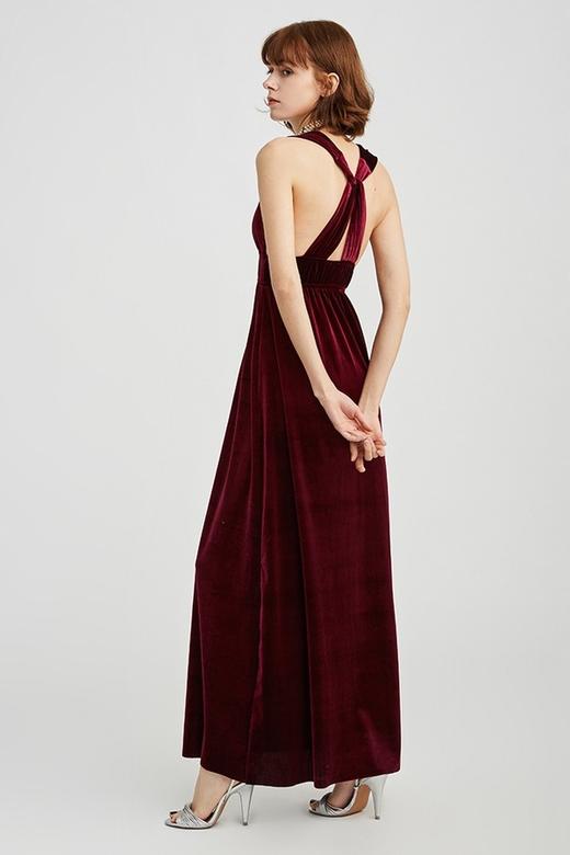 NECESSARY OBJECTS 酒红色丝绒长款连衣裙 13666 商品图1