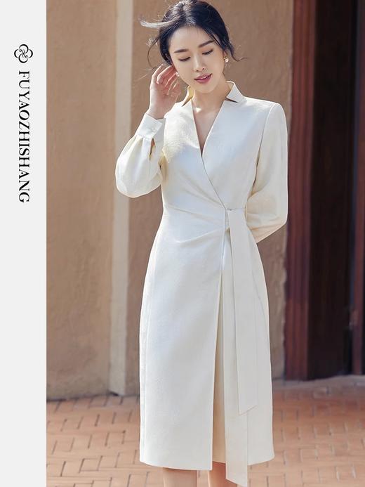 扶摇 新中式文艺风长袖连衣裙2023新款收腰系带纯色长裙子秋 商品图5