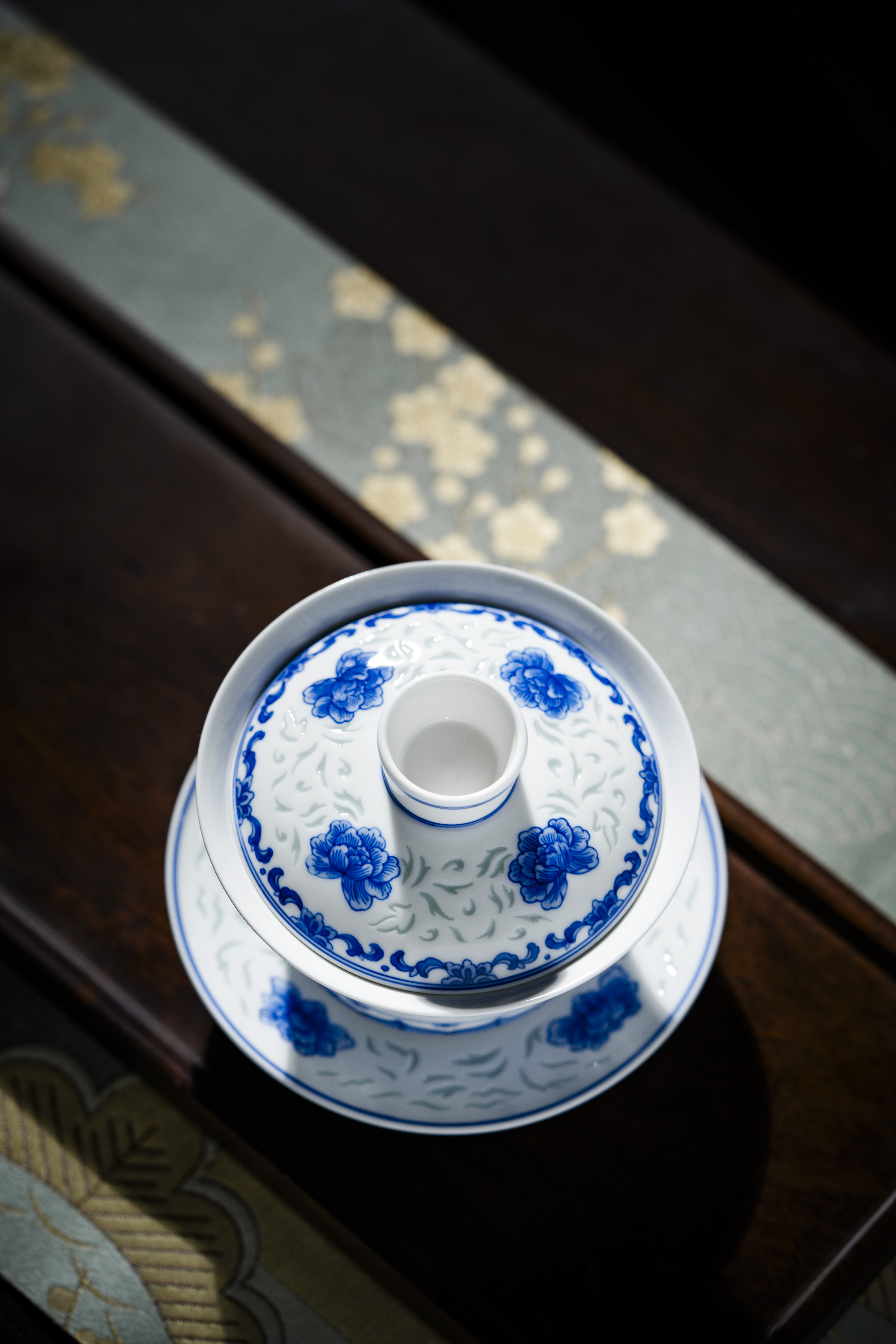 富玉窑 景德镇青花玲珑手绘牡丹三才盖碗手工茶器茶道