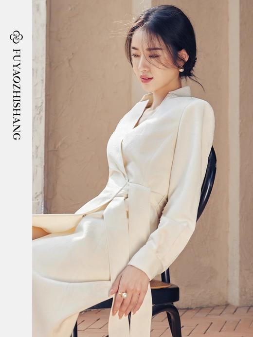 扶摇 新中式文艺风长袖连衣裙2023新款收腰系带纯色长裙子秋 商品图3