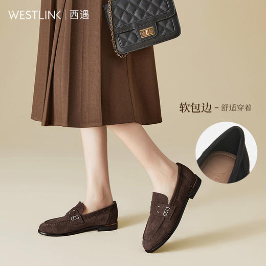 西遇英伦风乐福鞋女新款绒面一脚蹬通勤豆豆鞋平底小皮鞋V0046219 商品图1