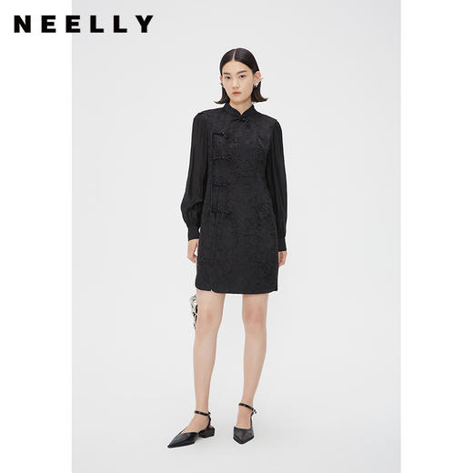 NEELLY纳俪商场同款春季新中式连衣裙女黑色显瘦国风立领盘扣裙子N24011Y01013 商品图0
