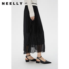NEELLY纳俪商场同款春季飘逸垂感百褶裙女黑色气质轻盈长款半身裙N24011E01014