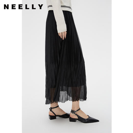 NEELLY纳俪商场同款春季飘逸垂感百褶裙女黑色气质轻盈长款半身裙N24011E01014 商品图0