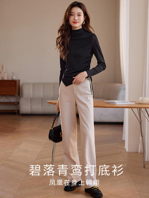 【年终特卖】熙世界国风凤凰刺绣半高领打底衫秋冬内搭双层网纱别致修身上衣 商品图2