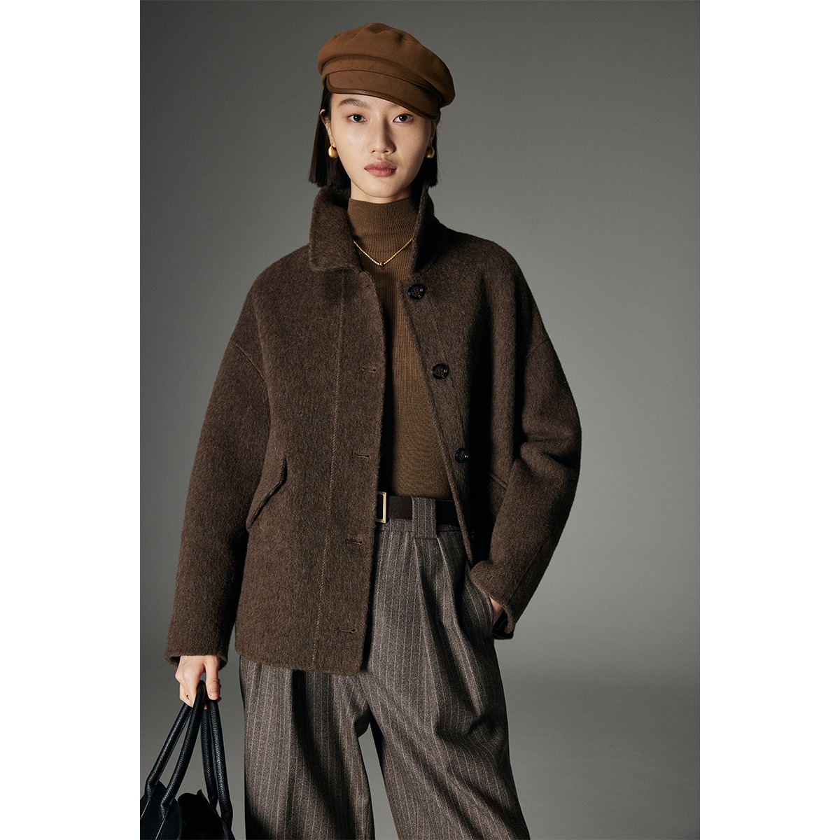 原形高级感骆驼绒羊毛双面呢大衣女短款2023秋冬新款气质呢子外套