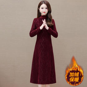 加绒保暖印花时尚连衣裙，半高领长袖通勤打底裙QYM-OMS-CB317-L