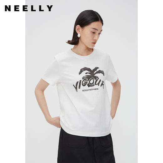 NEELLY纳俪商场同款春季新款美式复古字母短袖T恤女宽松慵懒上衣N24011T01008 商品图0