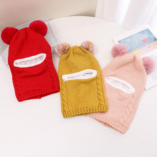 儿童双球毛线套头帽秋冬季男女童可爱护脸耳连体帽宝宝保暖风雪帽 商品图3