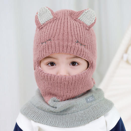图涂丫儿童帽子秋冬季护耳针织帽男女围脖一体加绒保暖连体帽 商品图5