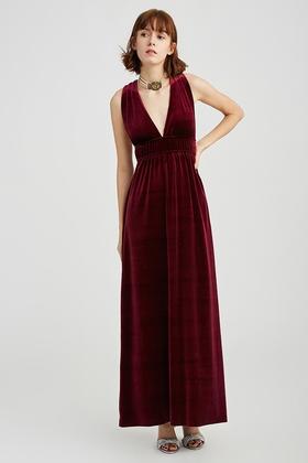 NECESSARY OBJECTS 酒红色丝绒长款连衣裙 13666