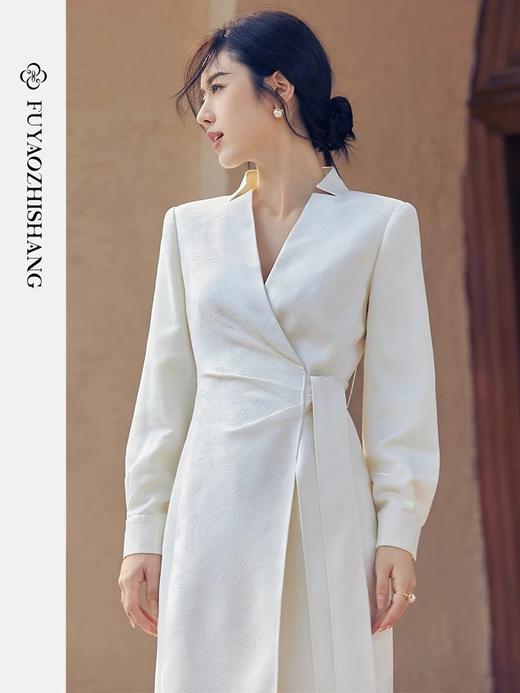 扶摇 新中式文艺风长袖连衣裙2023新款收腰系带纯色长裙子秋 商品图2